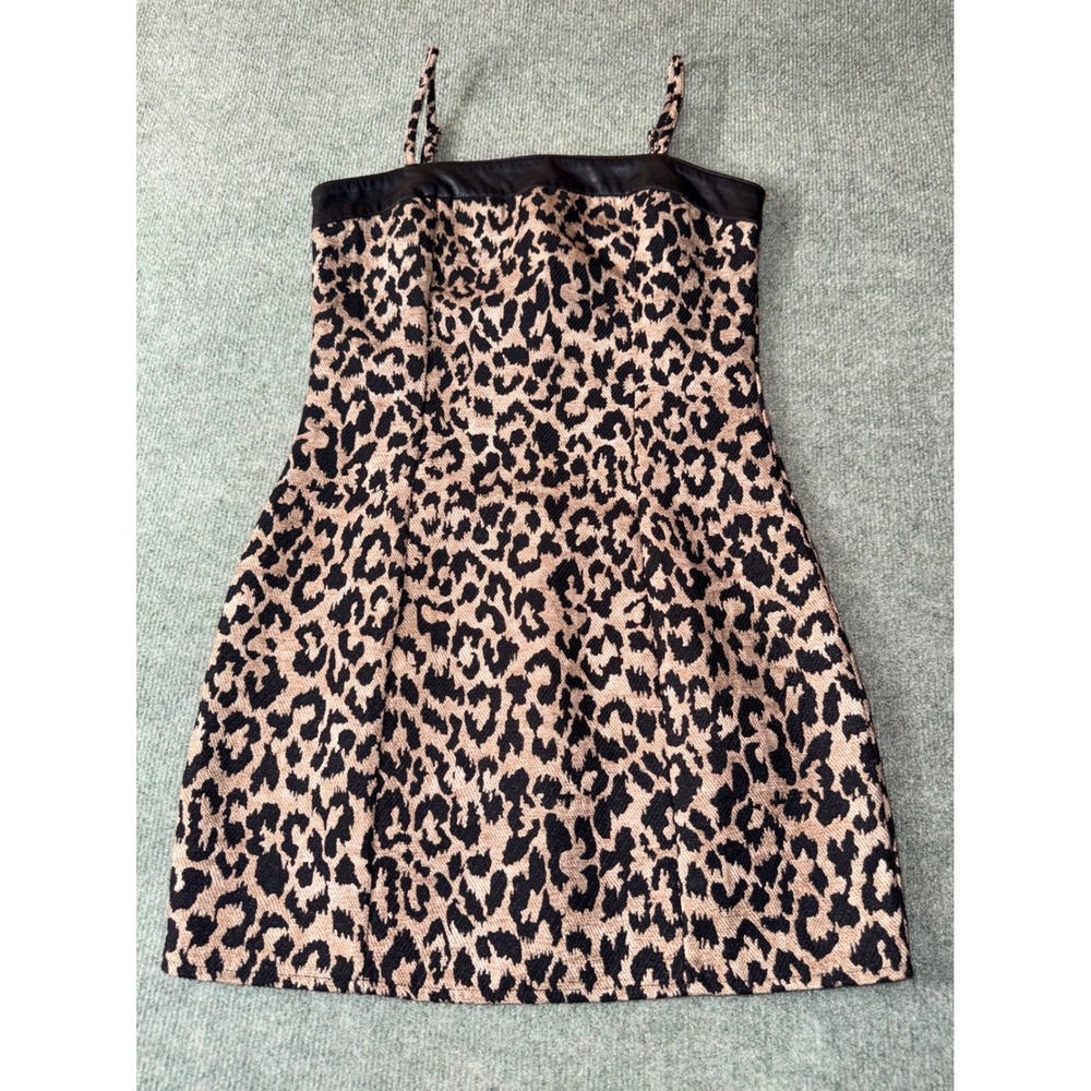 Leopard Print Mini Dress Women S Tan Black Faux Leather Trim